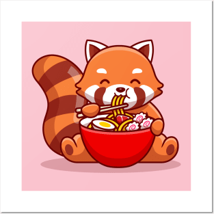 Cute Red Panda Eating Ramen Noddle Cartoon Posters and Art